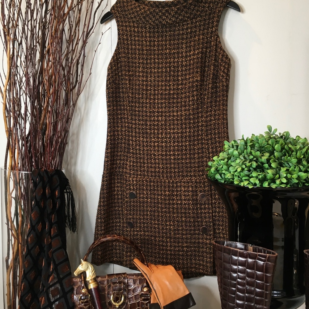 Sleeveless Brown Tweed Midi Dress - Picture 7 of 14